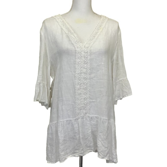 Francesca Bettini Italian white linen tunic, medium, tiered, lace, layering - Picture 1 of 6
